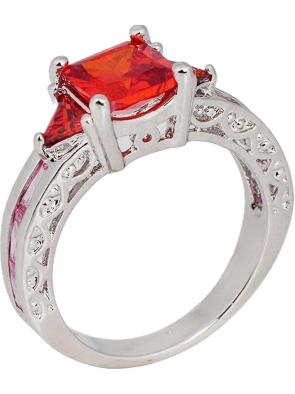 Smile 10KT White Gold Filled Cubic Zirconia Ring Size 7 Garnet Ruby Filigree